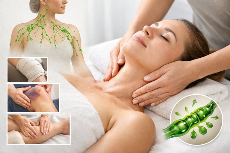 Collage showing professional massage and skincare treatments with green botanical elements and spa application techniques