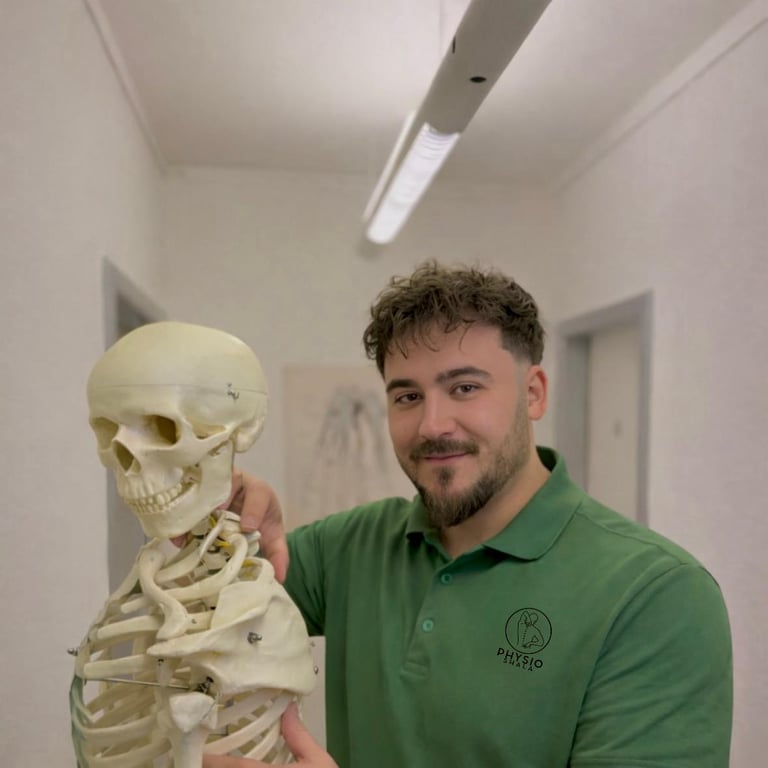 Man in green polo shirt holding a human skeleton model in a clinical setting