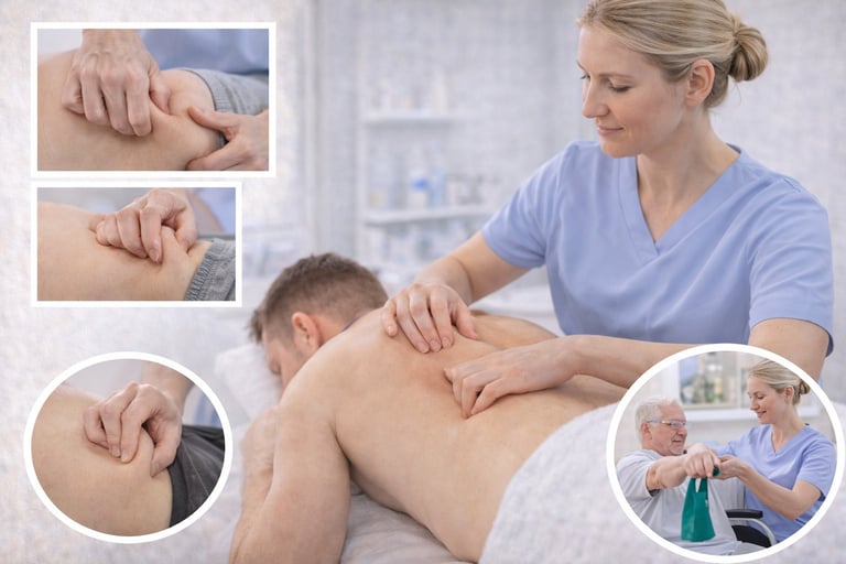 Healthcare provider performing physical examination and trigger point therapy on patients shoulder and back muscles in clinical setting