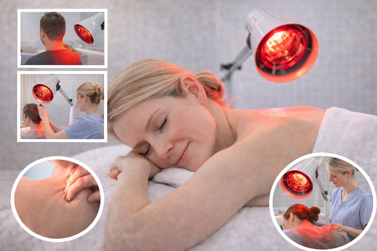 Woman receiving infrared heat therapy treatment on neck and shoulder, with multiple demonstration images showing heat lamp application and pain relief benefits