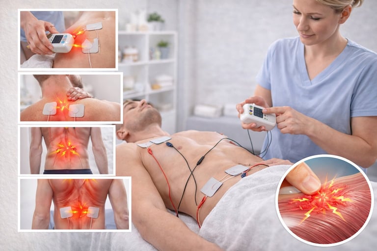 Healthcare professional applying TENS therapy to patients lower back with electrode pads and digital device for pain management.