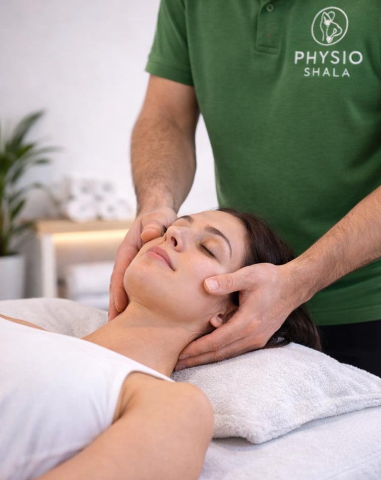 Physiotherapeut in grüner PhysioShala Uniform führt eine Gesichtsmassage bei einer entspannten Patientin durch