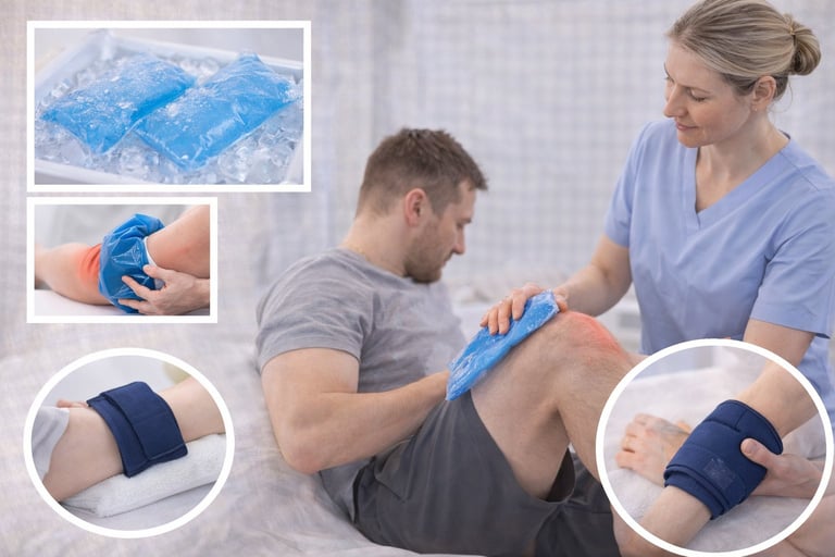 Healthcare professional applying blue gel ice pack to patients knee during treatment, with inset images showing ice pack products and knee wrap application