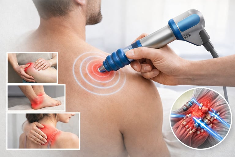 Healthcare professional using a therapeutic device with sound waves on mans shoulder, with inset images showing pain relief treatment areas on neck, wrist, foot, and knee.