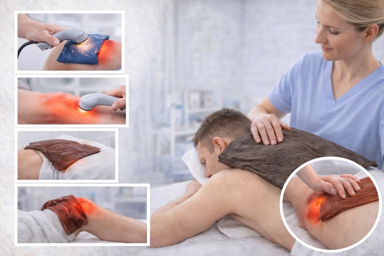 Healthcare professional applying thermal heat therapy to patients back and shoulder, with inset images showing heat pad treatment on various body parts.