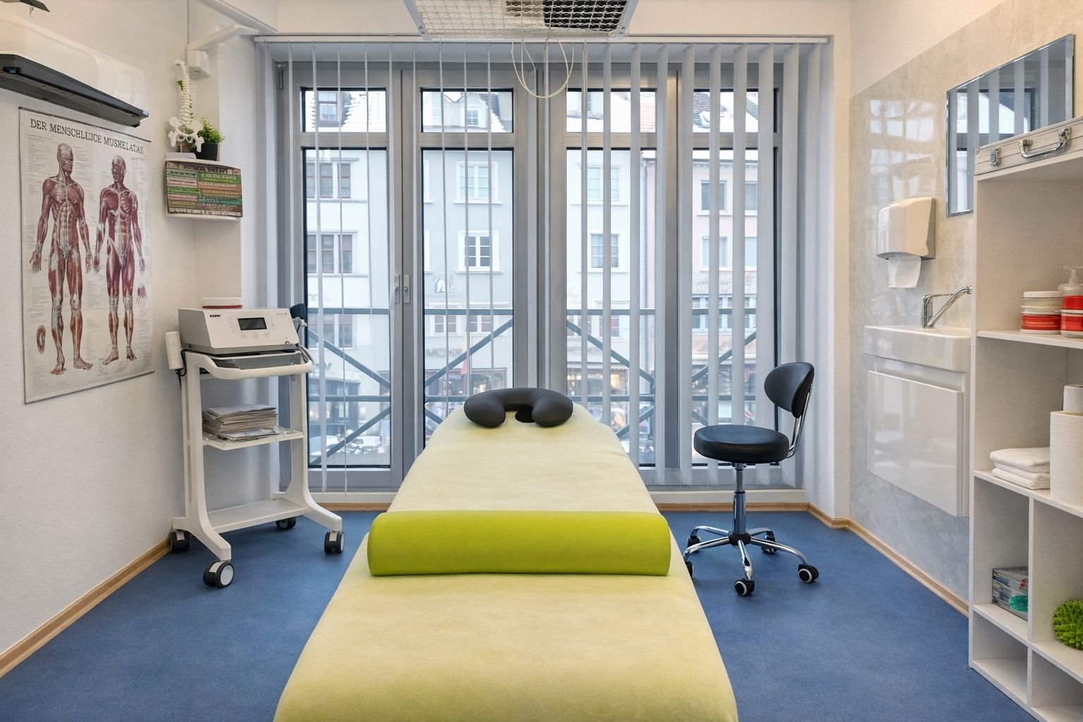 Modern physiotherapy clinic room with treatment tables, anatomical charts, medical equipment, and large windows overlooking a city.