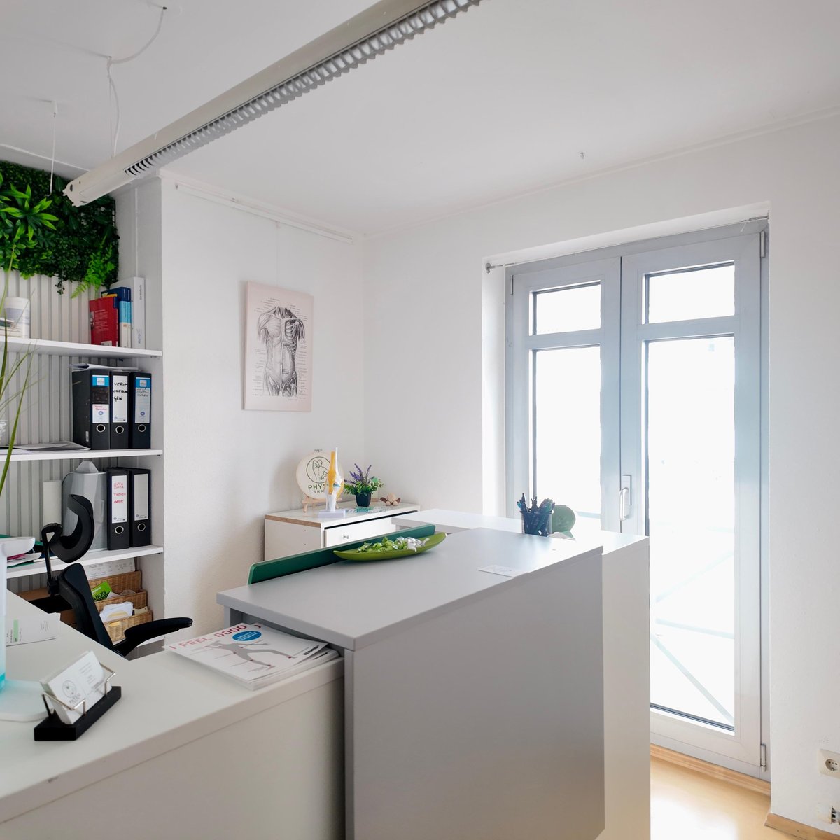 Modern office space with gray desk, open shelving with plants, French doors with natural light, and minimalist decor