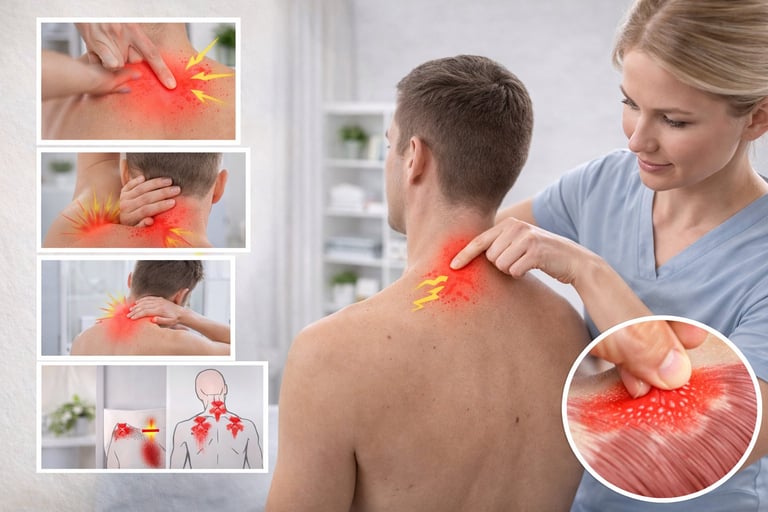 Healthcare provider examining patients neck and shoulders for pain, with inset images showing various pain locations and muscle inflammation visualization