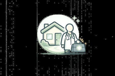 Doctor with medical bag standing in front of a house icon with green accents and sparkles