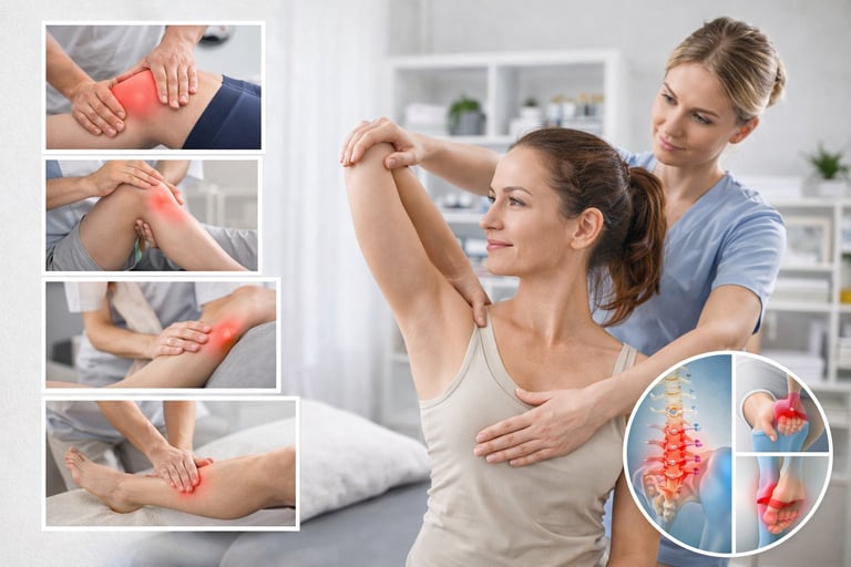 Physical therapist treating woman with shoulder pain; composite showing massage techniques and spine inflammation diagram