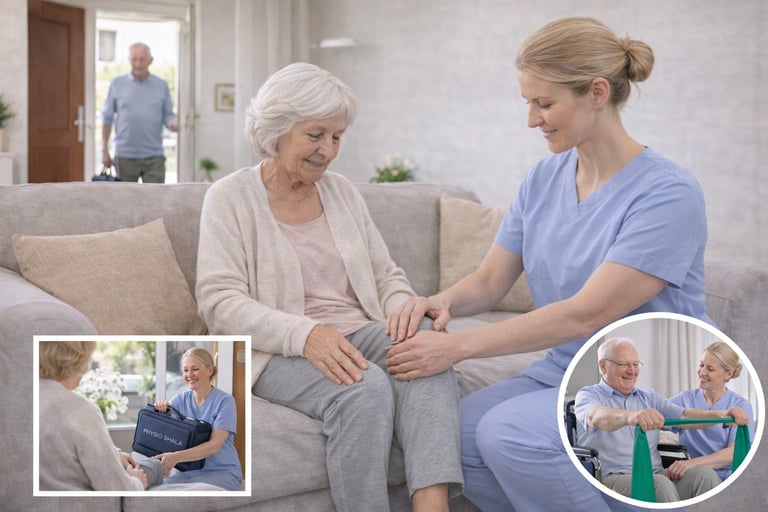 Healthcare worker in blue scrubs examining elderly womans arm while seated on couch, with man visible in doorway and smaller images showing rehabilitation exercises