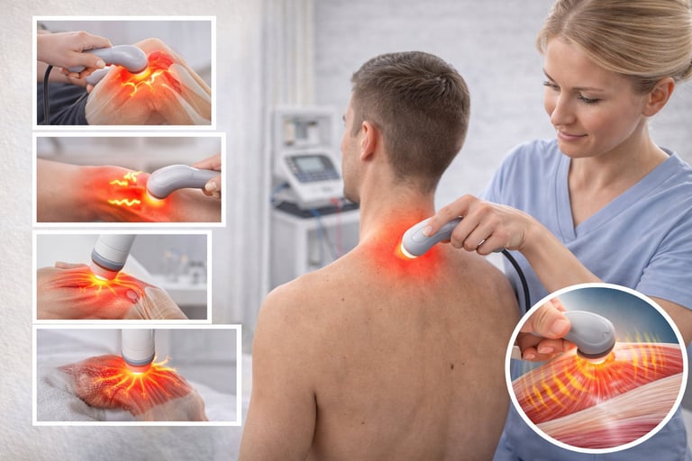 Healthcare provider using thermal imaging device on patients back to diagnose pain, with heat visualization examples shown in panels